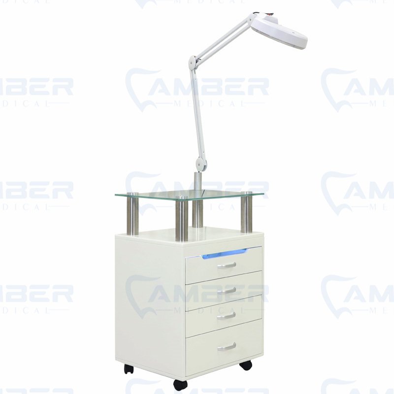 Modern Salon Trolley Cart Golden Metal Beauty Tools with Magnifying Glass