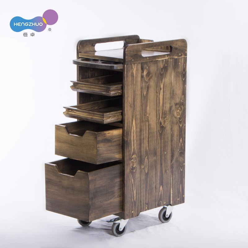 Modern Baber Trolley Cart with Wooden Drawers Beauty Salon Furniture Move with 4 Wheels Hair Salon Equipment for Barber Station