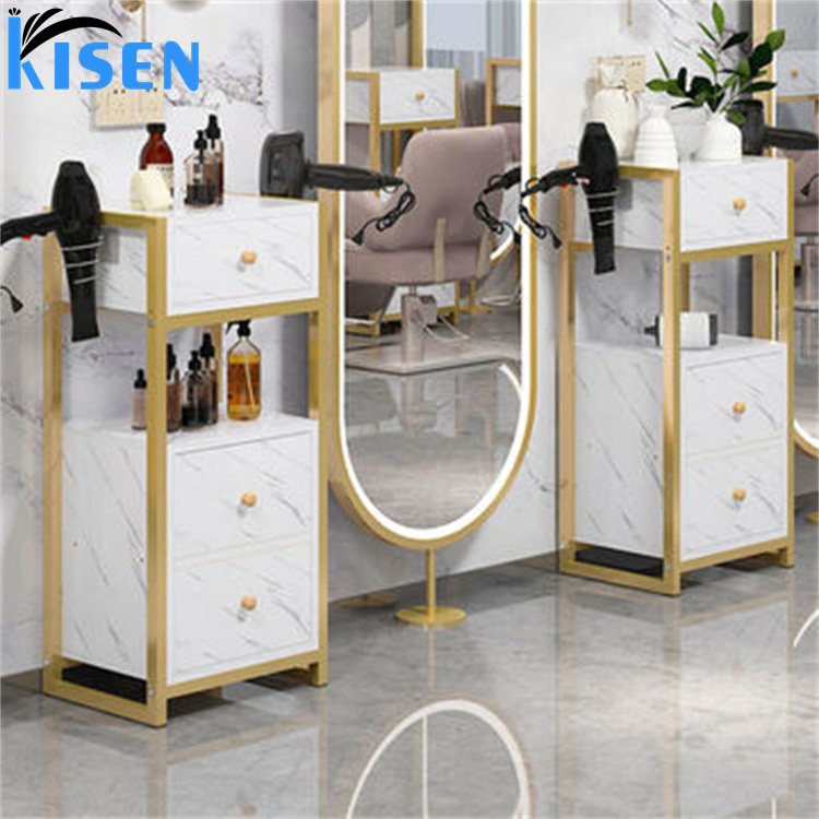 Kisen Good Quality Trolley Cart Hair Salon Furniture Stainless Steel Gold and Black Double Drawer Beauty Salon Trolley for sale