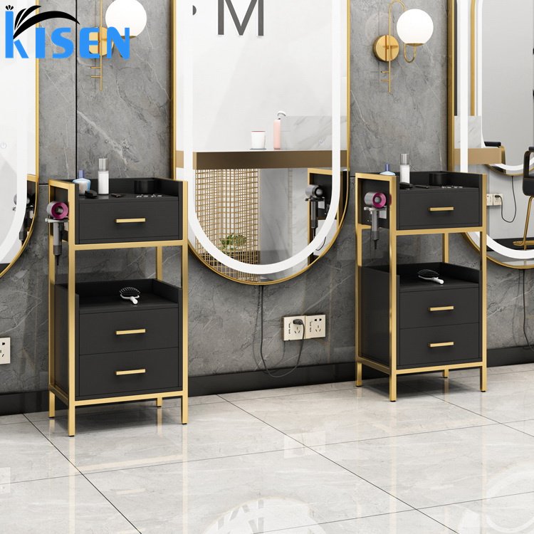 Kisen Good Quality Trolley Cart Hair Salon Furniture Stainless Steel Gold and Black Double Drawer Beauty Salon Trolley for sale