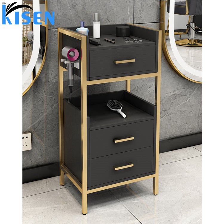 Kisen Good Quality Trolley Cart Hair Salon Furniture Stainless Steel Gold and Black Double Drawer Beauty Salon Trolley for sale