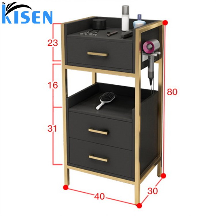 Kisen Good Quality Trolley Cart Hair Salon Furniture Stainless Steel Gold and Black Double Drawer Beauty Salon Trolley for sale