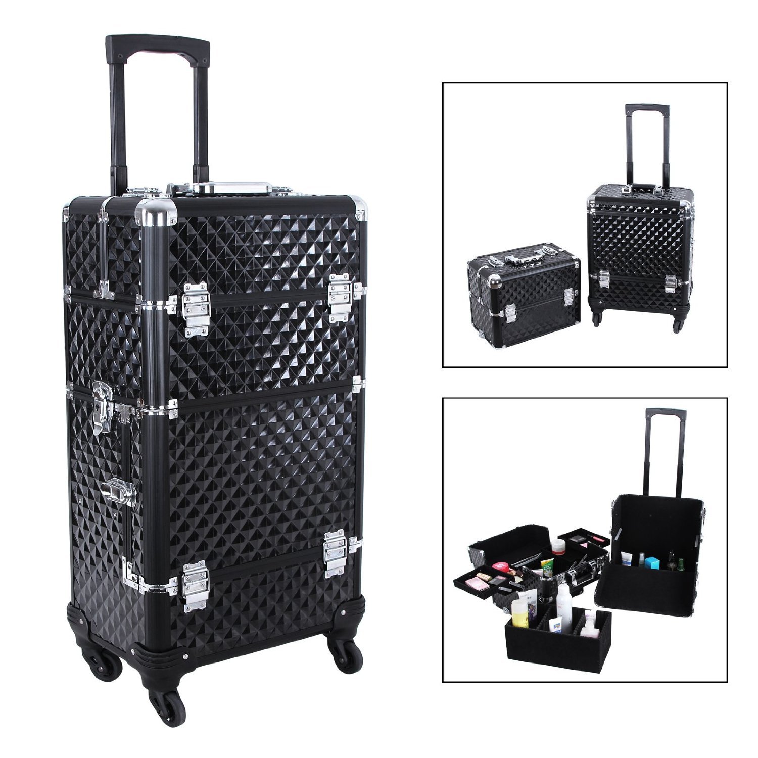 Rolling Makeup Train Case Travel Cosmetic Storage Organizer with 4 Drawers Mirror Speaker for Technician Nail Salon