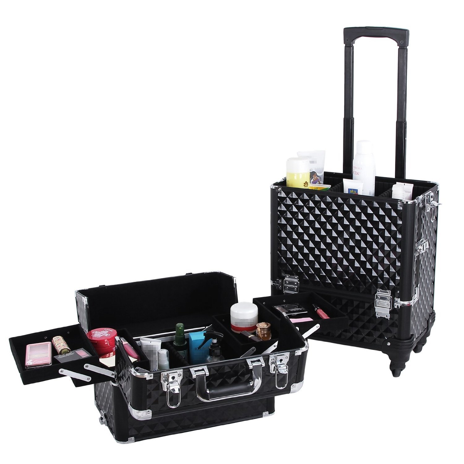 Rolling Makeup Train Case Travel Cosmetic Storage Organizer with 4 Drawers Mirror Speaker for Technician Nail Salon