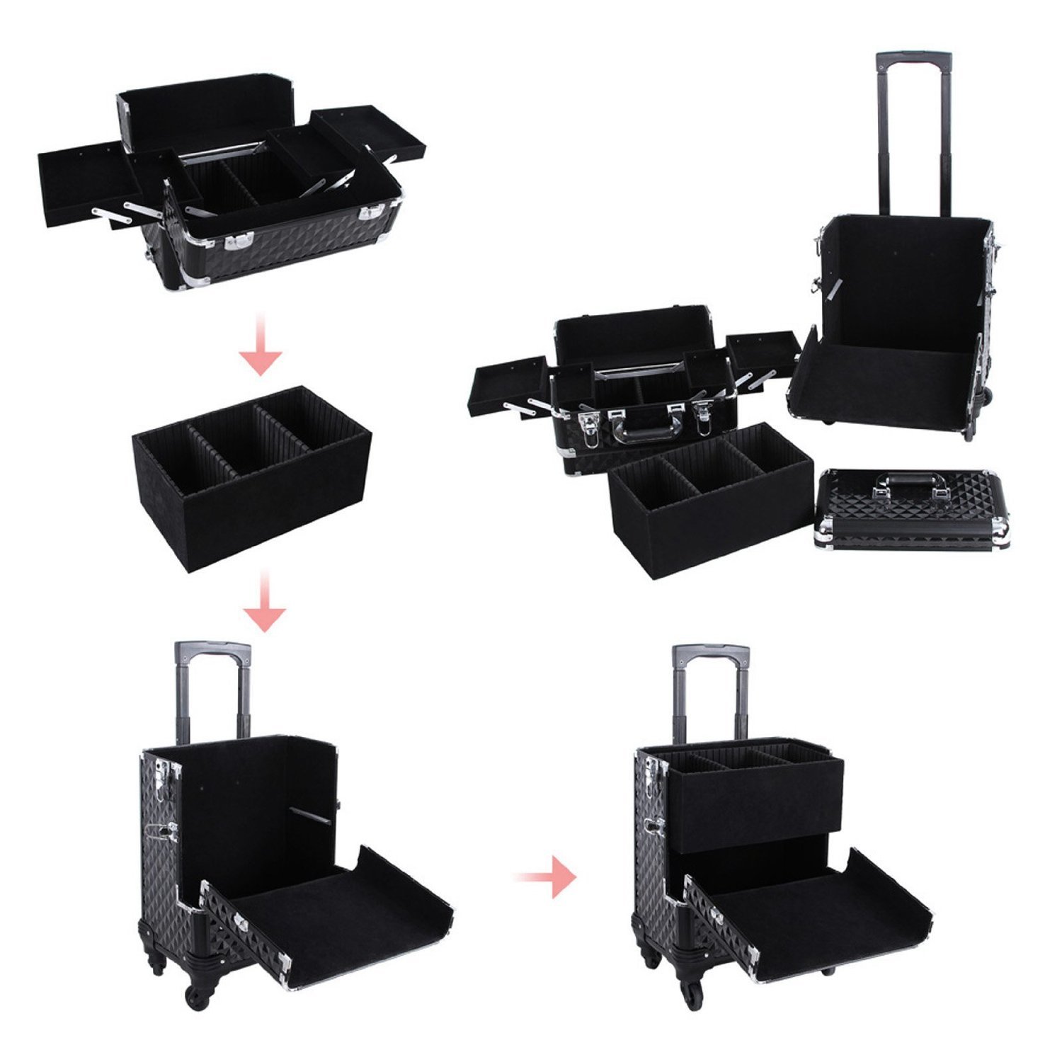 Rolling Makeup Train Case Travel Cosmetic Storage Organizer with 4 Drawers Mirror Speaker for Technician Nail Salon