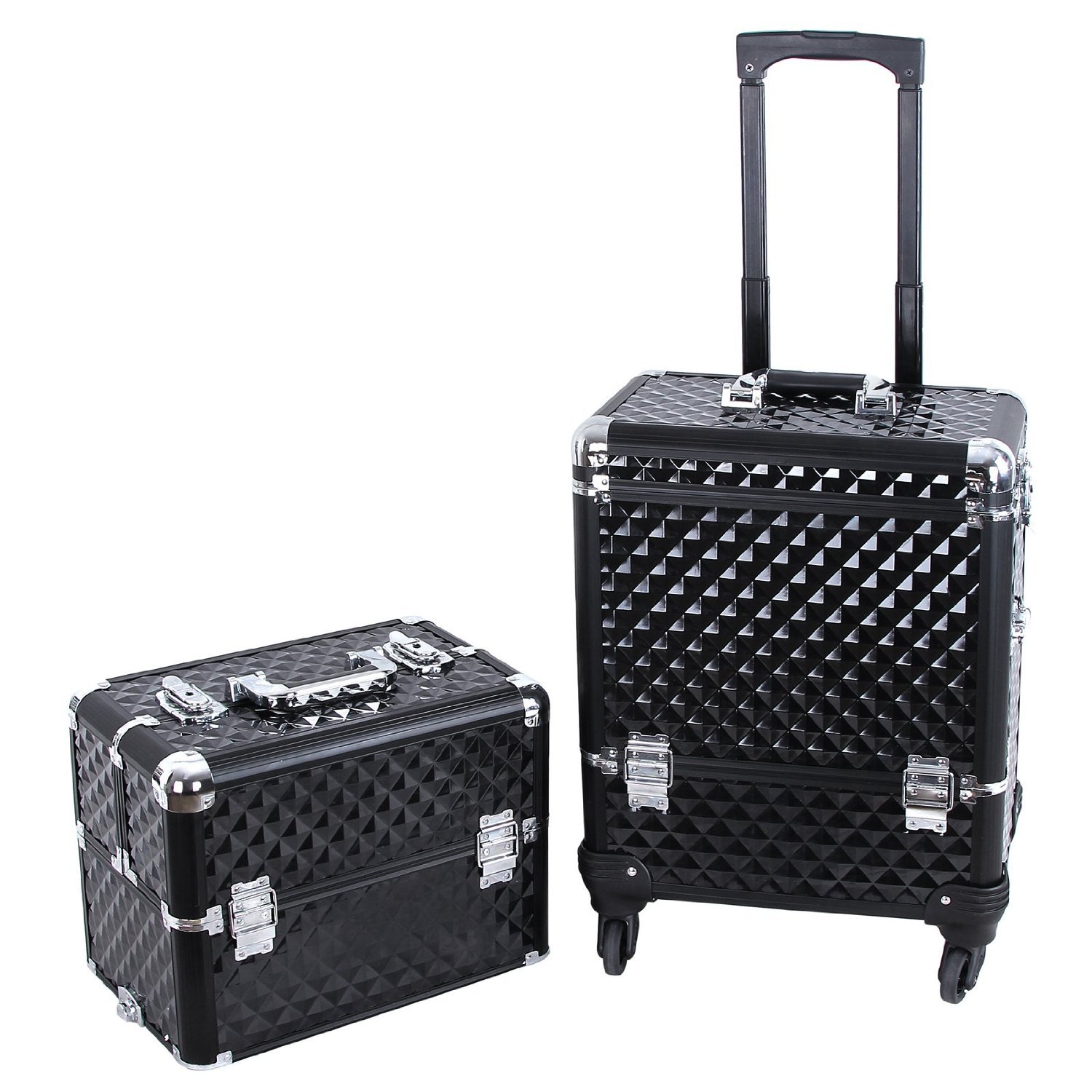 Rolling Makeup Train Case Travel Cosmetic Storage Organizer with 4 Drawers Mirror Speaker for Technician Nail Salon