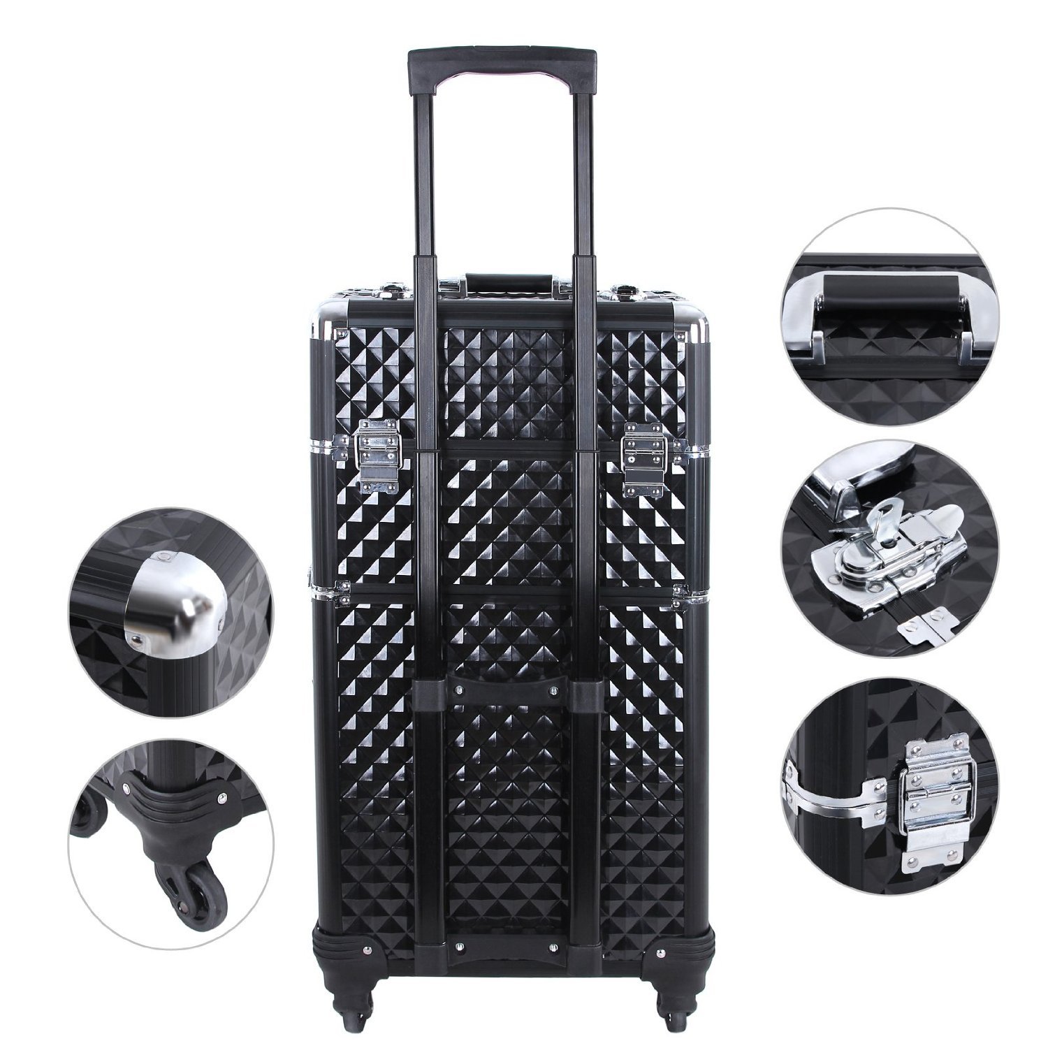 Rolling Makeup Train Case Travel Cosmetic Storage Organizer with 4 Drawers Mirror Speaker for Technician Nail Salon