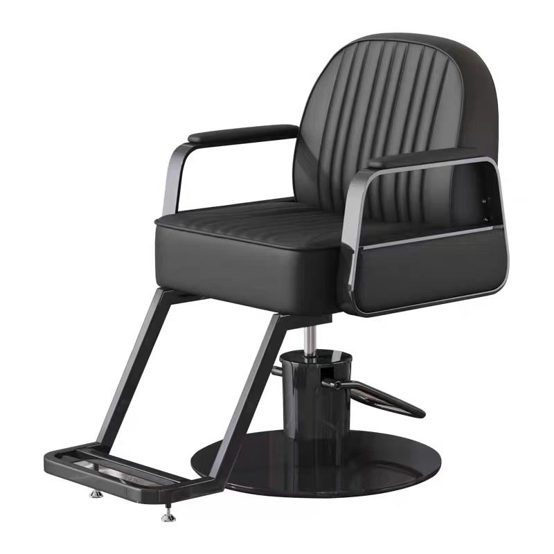 High-end Hair Salon Furniture Armchair Can Rotate And Lift Stainless Steel Black Metal Barber Chair