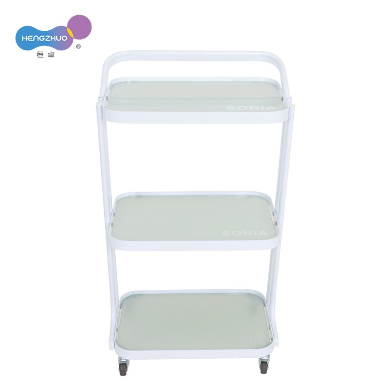 Beauty Salon Trolley Roll Cart Glass Low Price Wholesale Durable 3 Layer Move with 4 Wheels Salon Furniture White Modern 14KG