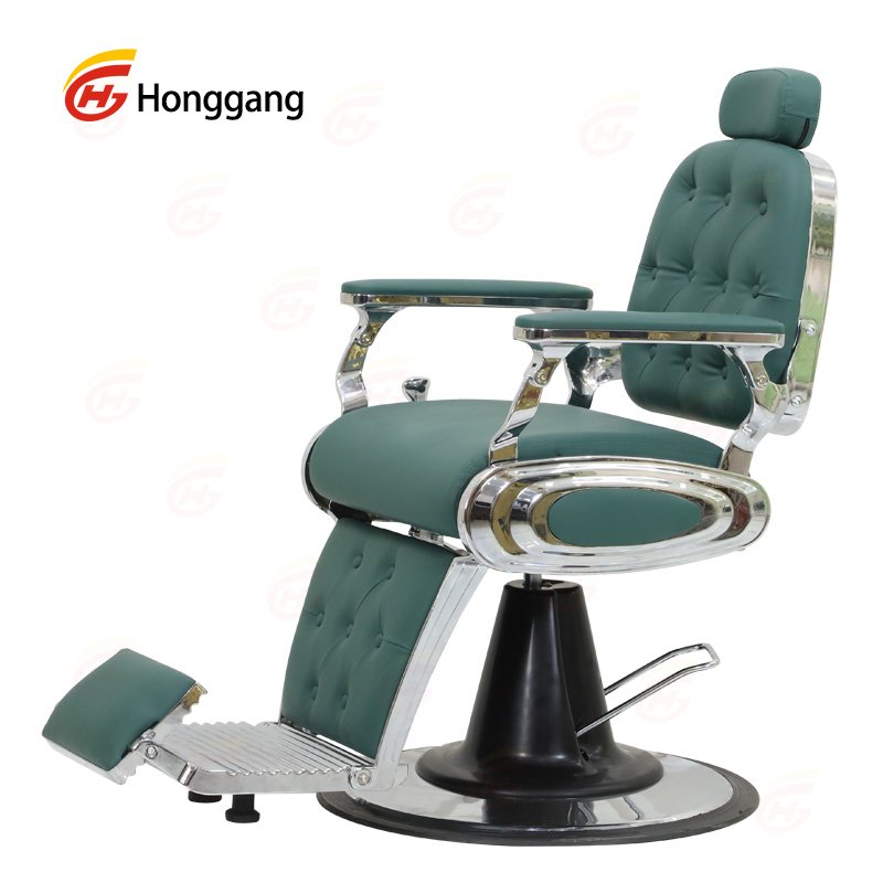High-Quality Barber Chair with Green Upholstery, Metal Frame, and Reclining Hydraulic Pump, Ideal for Men's Salons