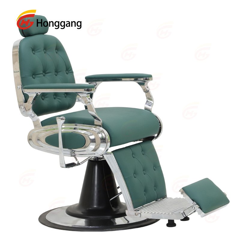 High-Quality Barber Chair with Green Upholstery, Metal Frame, and Reclining Hydraulic Pump, Ideal for Men's Salons