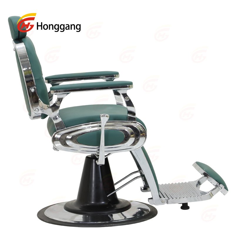 High-Quality Barber Chair with Green Upholstery, Metal Frame, and Reclining Hydraulic Pump, Ideal for Men's Salons