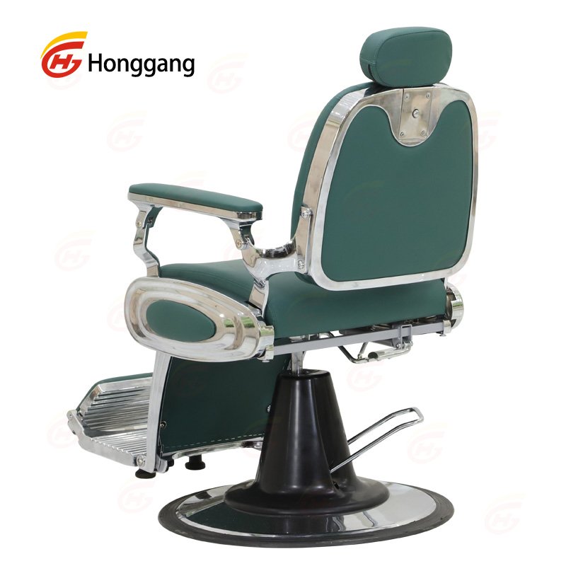 High-Quality Barber Chair with Green Upholstery, Metal Frame, and Reclining Hydraulic Pump, Ideal for Men's Salons