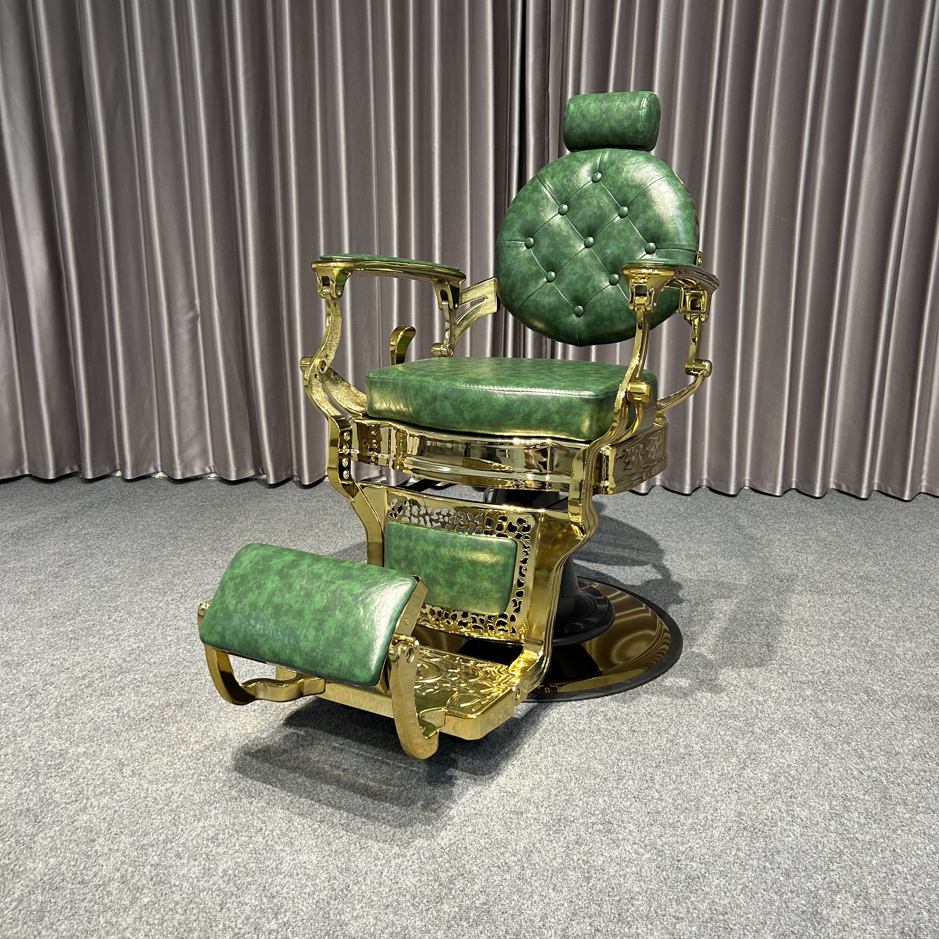 Green Antiqued Barber Chair with Gold Frame Modern Style Leather and Wood Beauty Furniture for Salon and Barbershop