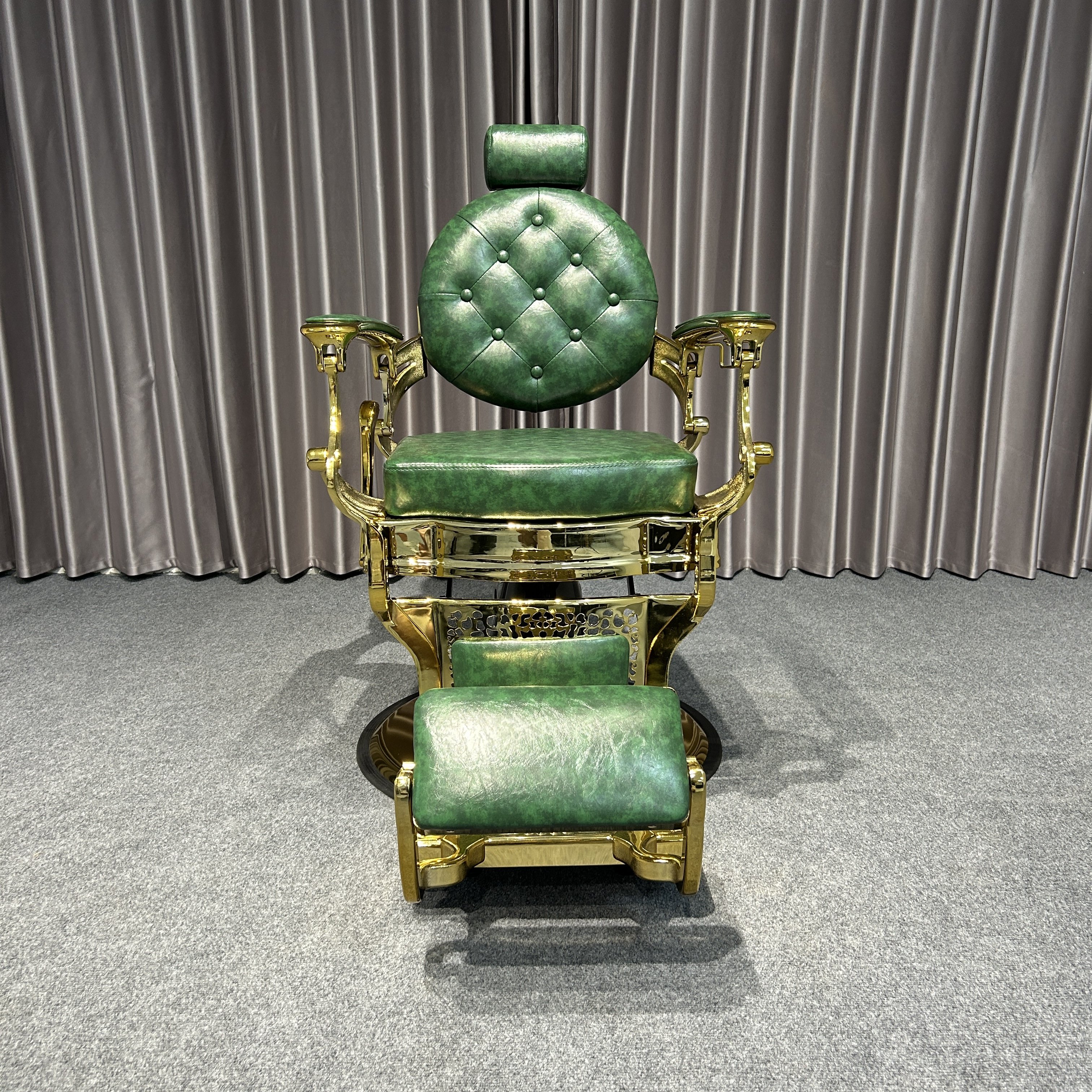 Green Antiqued Barber Chair with Gold Frame Modern Style Leather and Wood Beauty Furniture for Salon and Barbershop