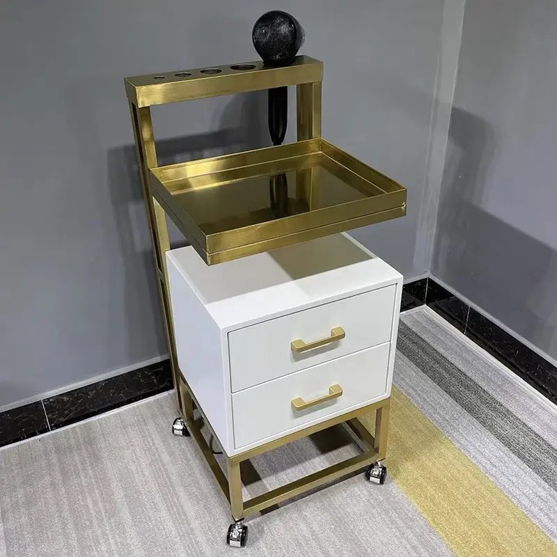 Professional Moving Beauty Trolley White MDF Gold Stainless Metal Style Salon Furniture Hand Carts Trolley