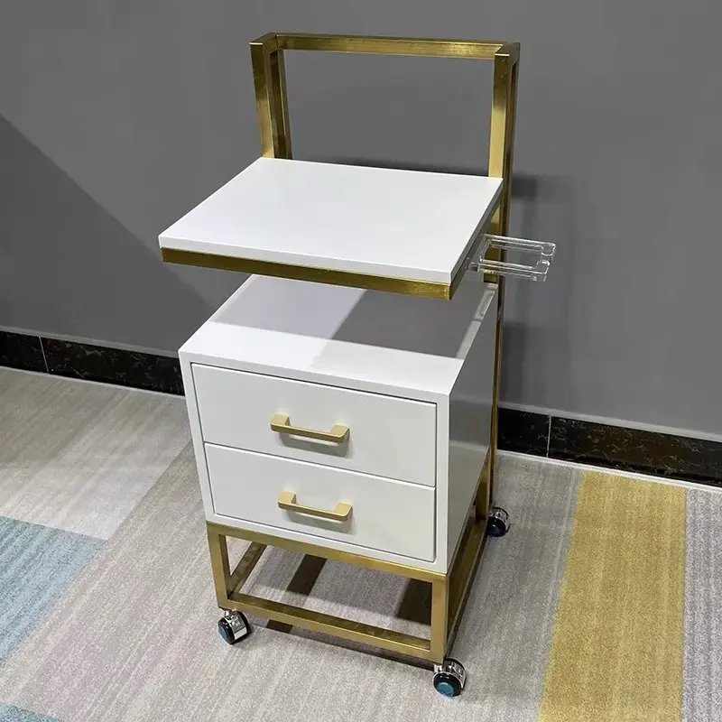 Professional Moving Beauty Trolley White MDF Gold Stainless Metal Style Salon Furniture Hand Carts Trolley