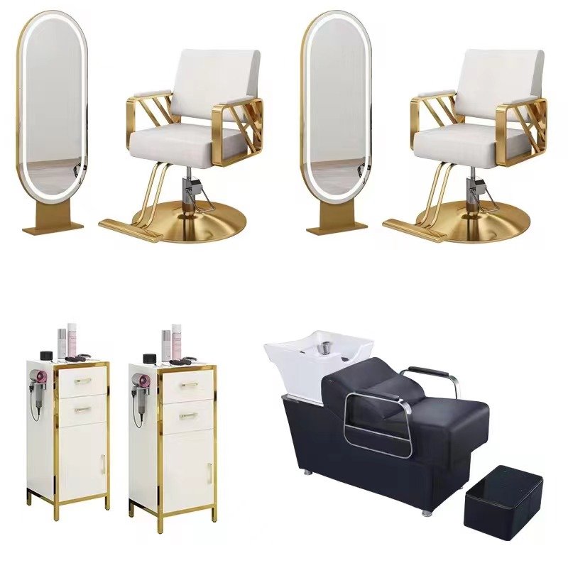 Barber Chair Set Hairdressing Barber Furniture Package Salon Chair Gold Luxury Metal Stainless Steel Beauty Salon