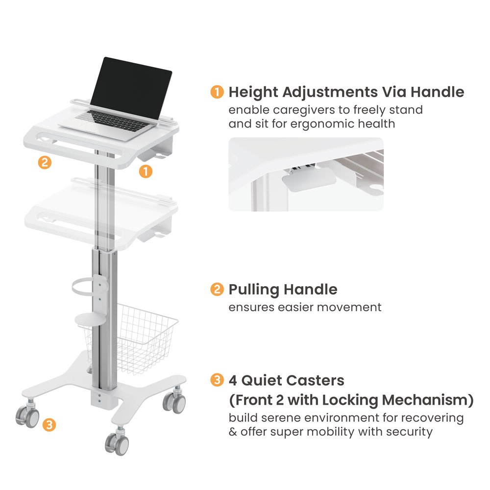 Medical Cart Mobile Height Adjustable Multi-Storage Modular Rolling Hospital Trolley On Wheels With Anti-Theft Laptop Holder