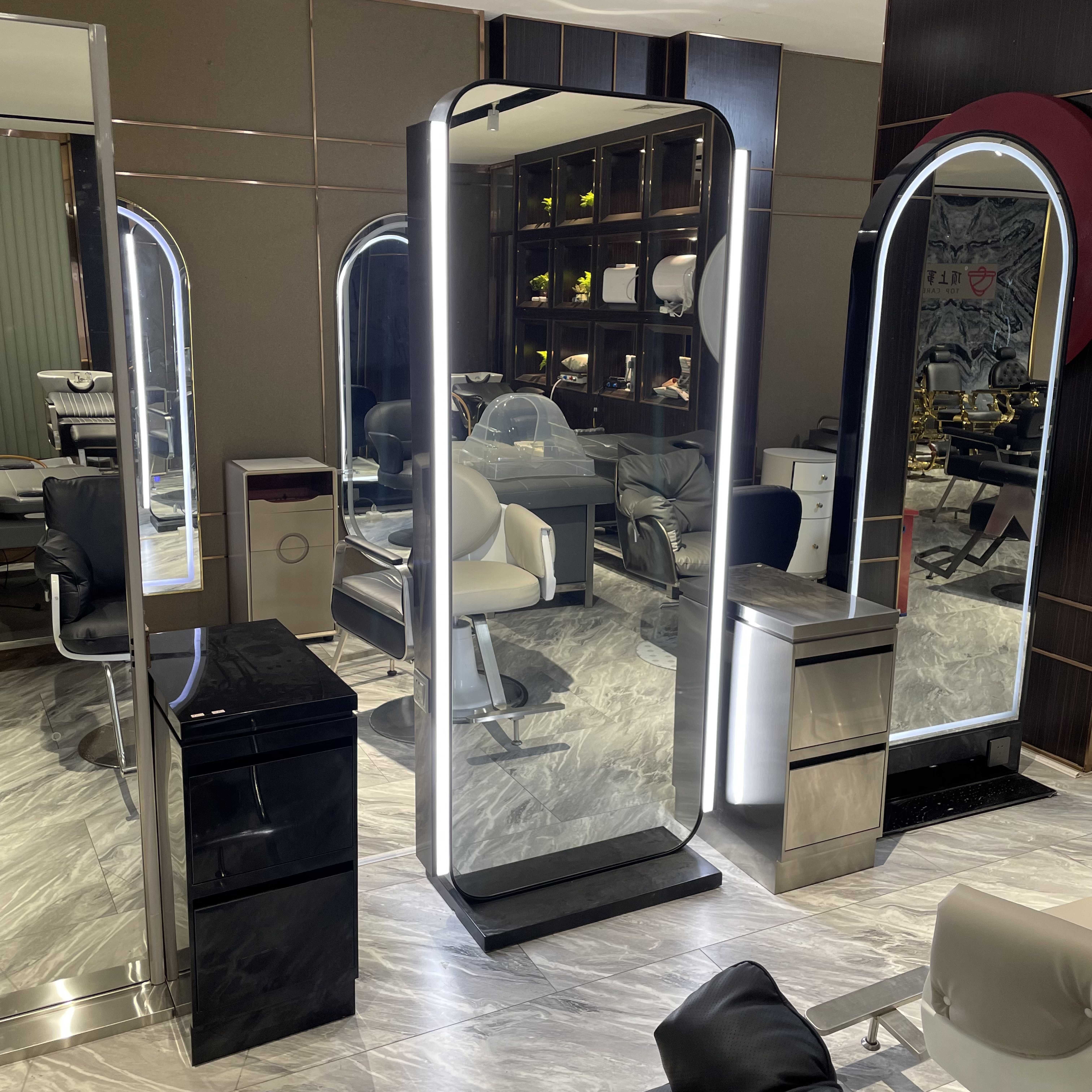 Newly Designed Double-Sided Gold Styling Barber Shop Furniture Full-Length LED Beauty Mirror for Hair Salon Make-up Chair