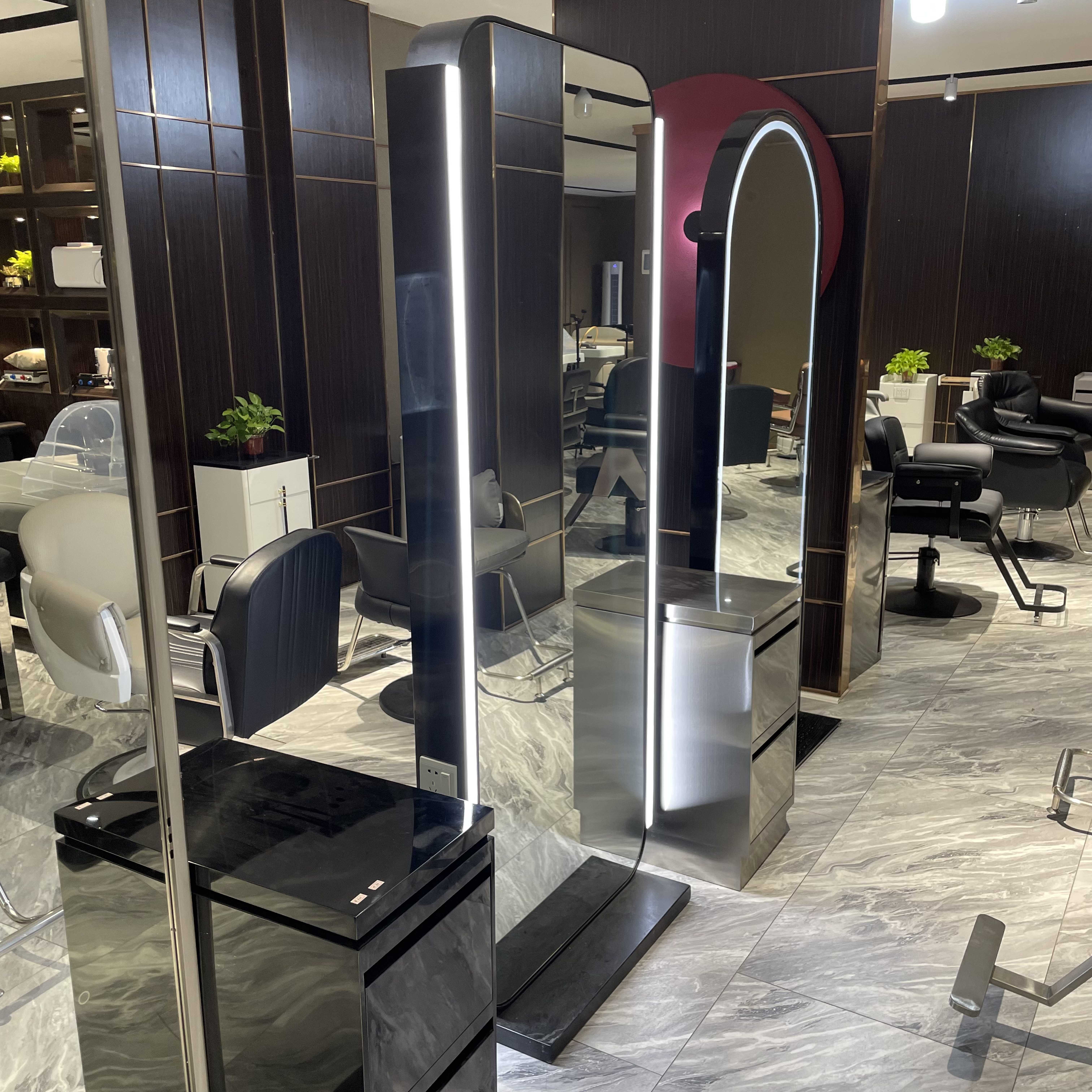 Newly Designed Double-Sided Gold Styling Barber Shop Furniture Full-Length LED Beauty Mirror for Hair Salon Make-up Chair