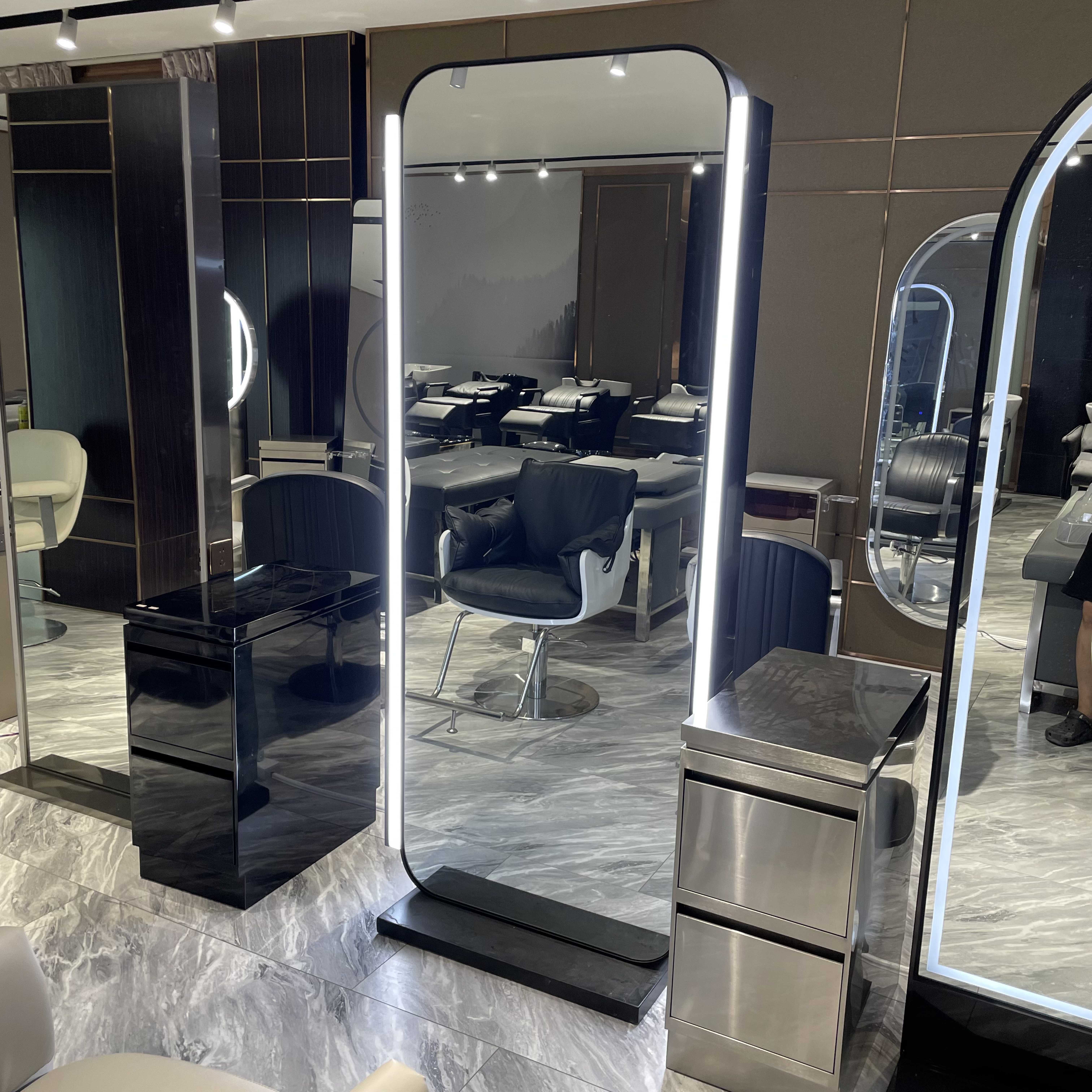 Newly Designed Double-Sided Gold Styling Barber Shop Furniture Full-Length LED Beauty Mirror for Hair Salon Make-up Chair