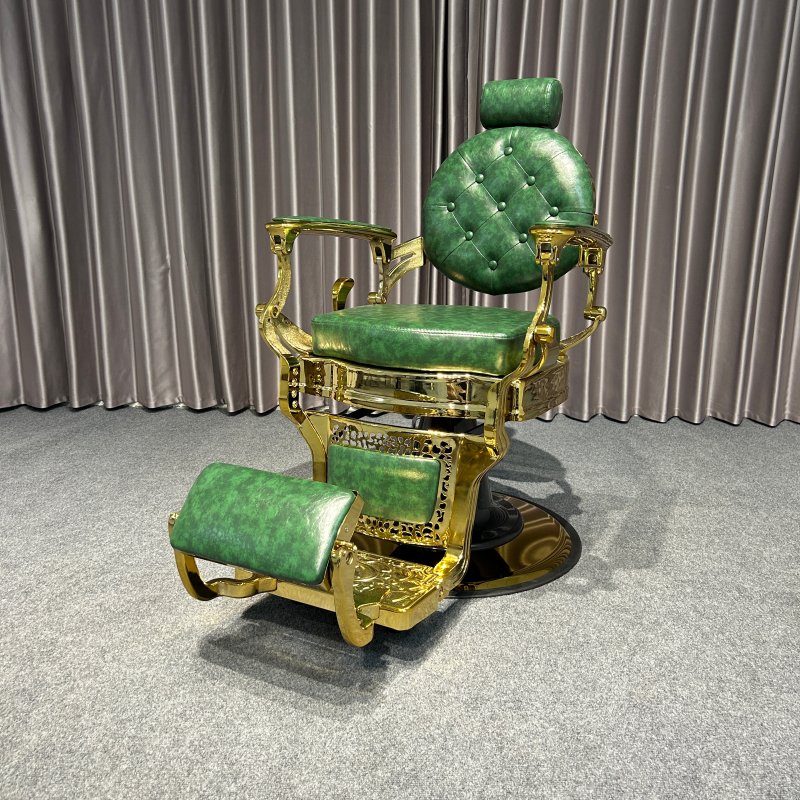 Green antique barber chair with gold frame hairdressing chair for barbershop hair salon beauty furniture