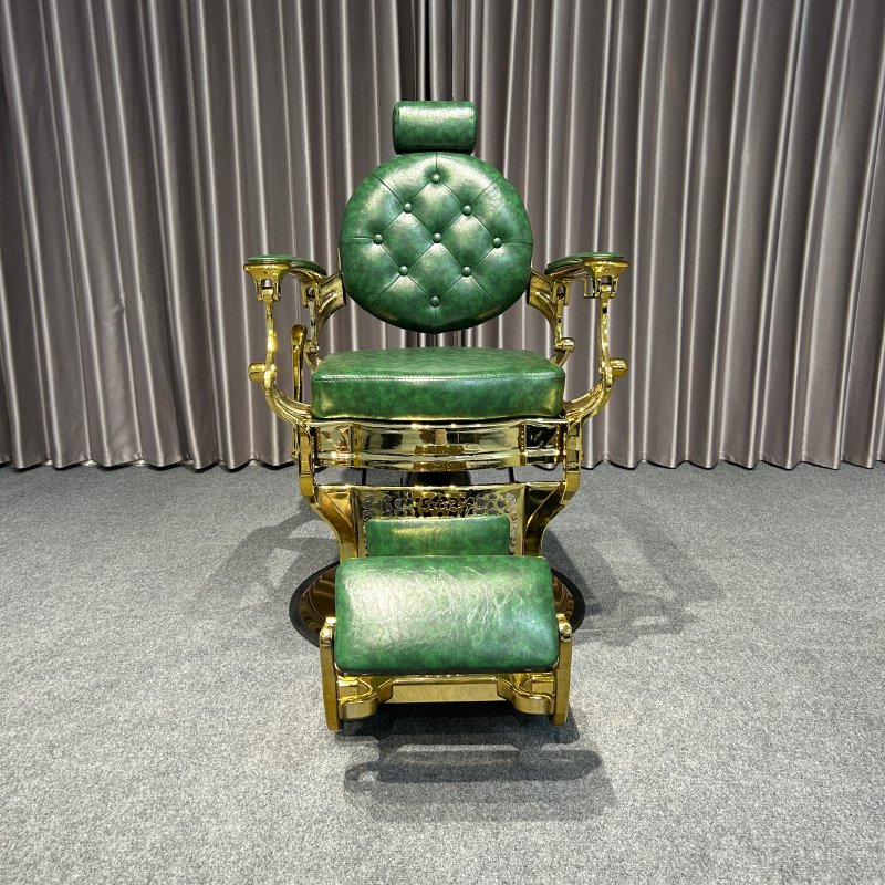Green antique barber chair with gold frame hairdressing chair for barbershop hair salon beauty furniture