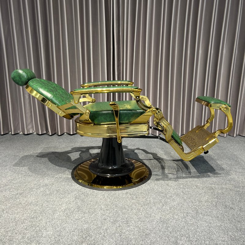 Green antique barber chair with gold frame hairdressing chair for barbershop hair salon beauty furniture