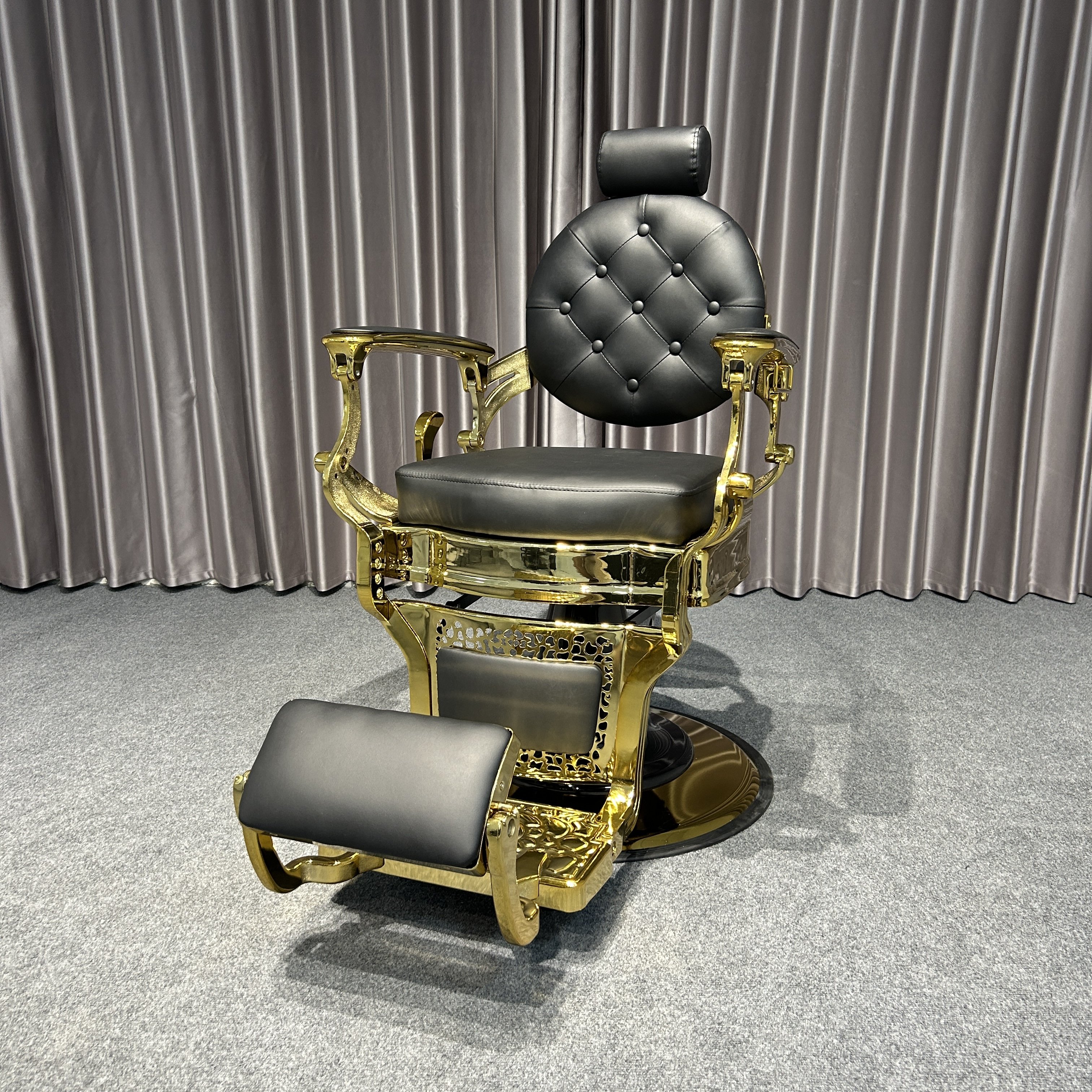 Modern Vintage Black and Gold Barber Chair with Headrest PU Leather and Metal Material for Salon Spa or Home Use