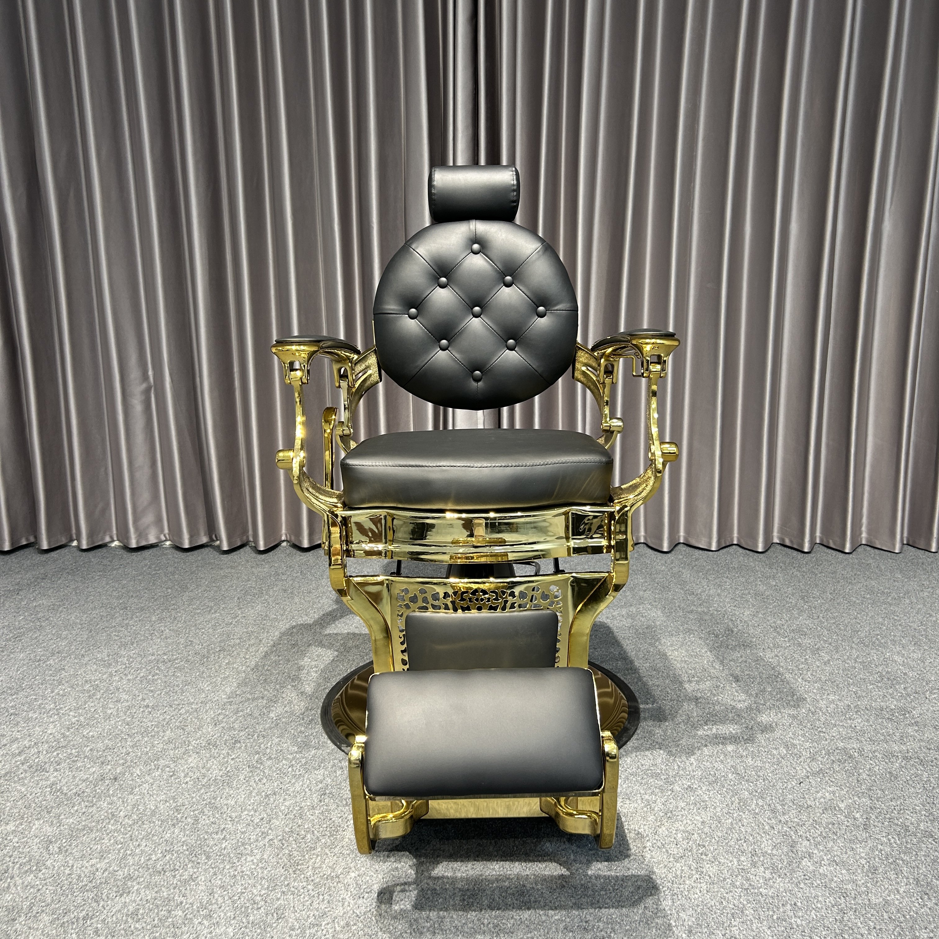 Modern Vintage Black and Gold Barber Chair with Headrest PU Leather and Metal Material for Salon Spa or Home Use