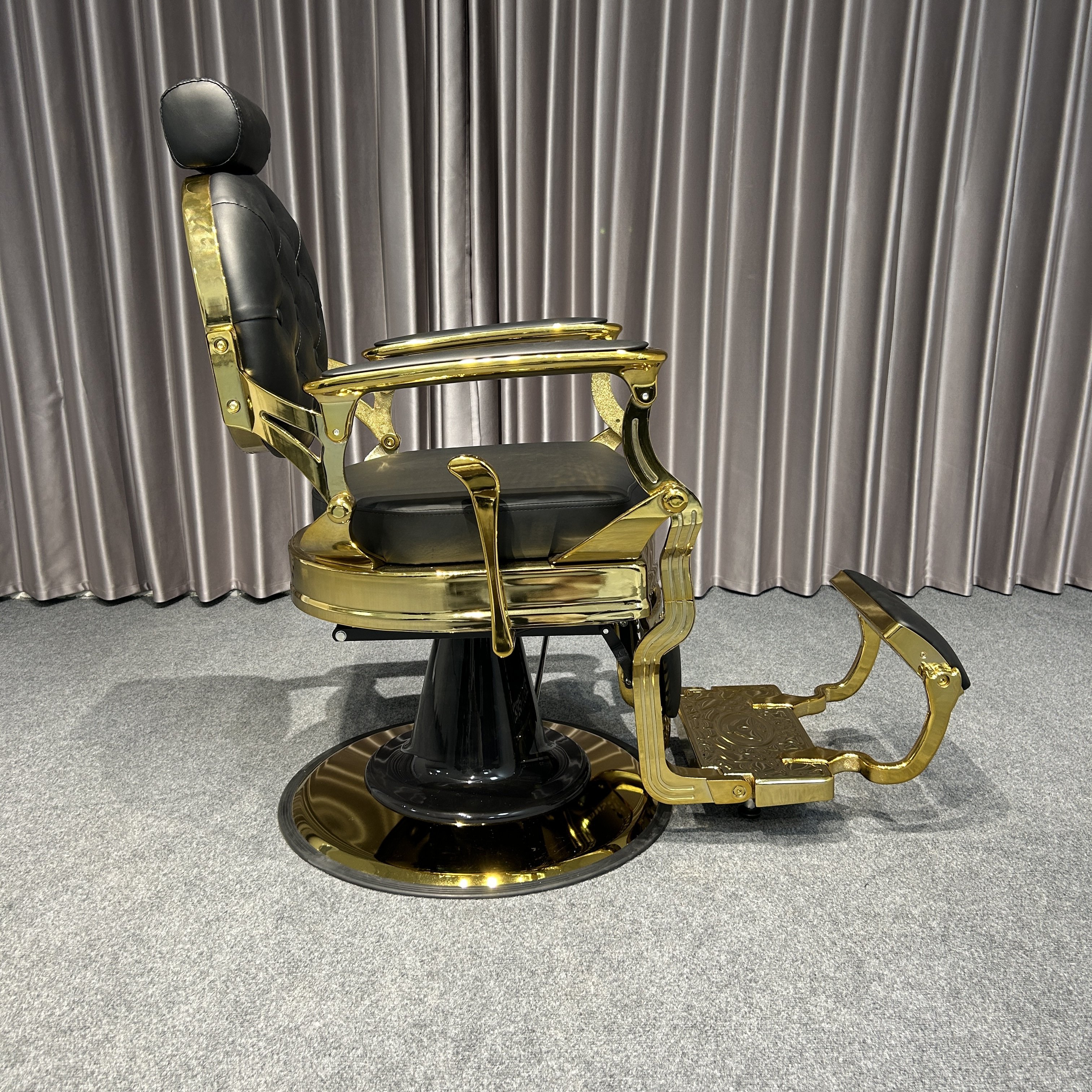 Modern Vintage Black and Gold Barber Chair with Headrest PU Leather and Metal Material for Salon Spa or Home Use
