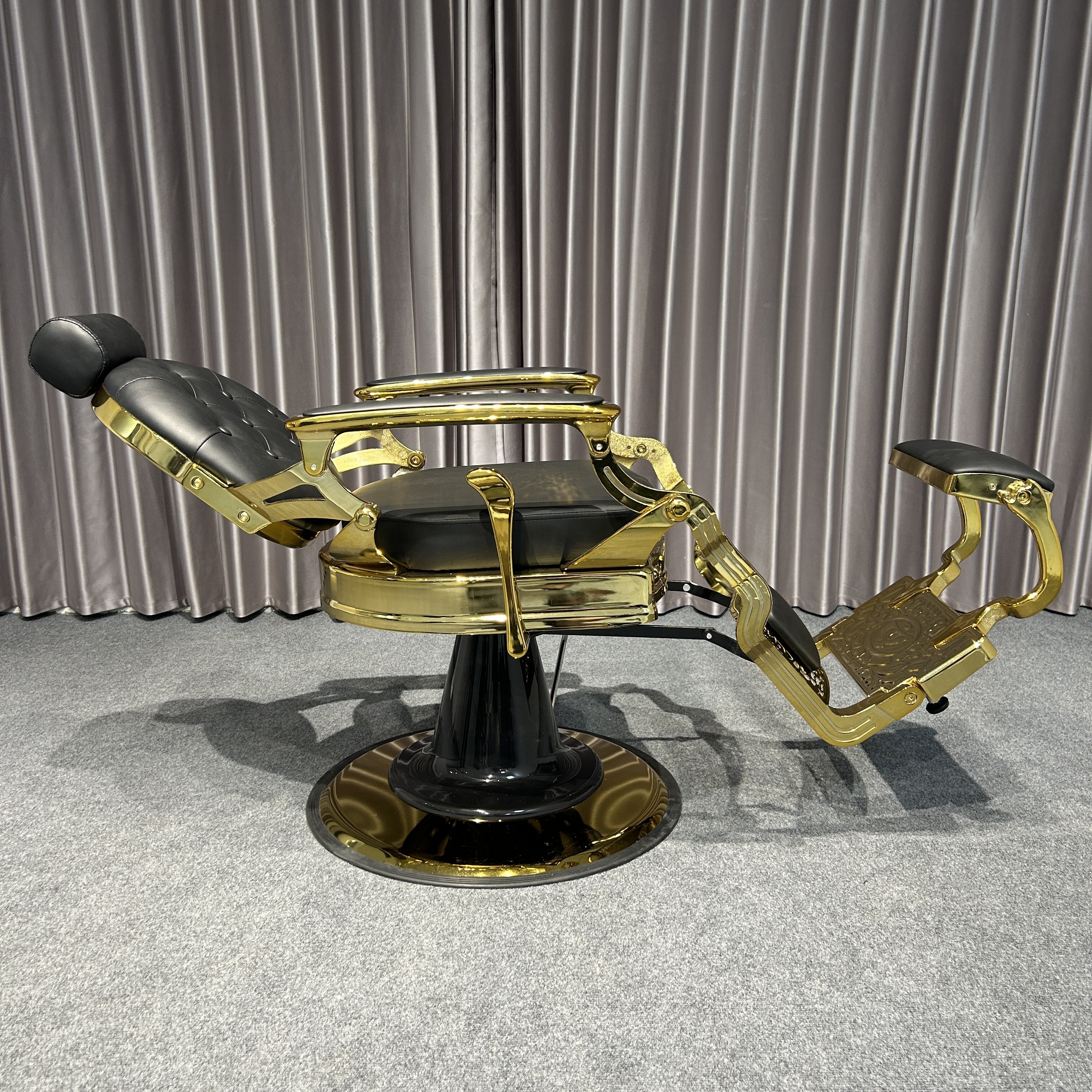 Modern Vintage Black and Gold Barber Chair with Headrest PU Leather and Metal Material for Salon Spa or Home Use
