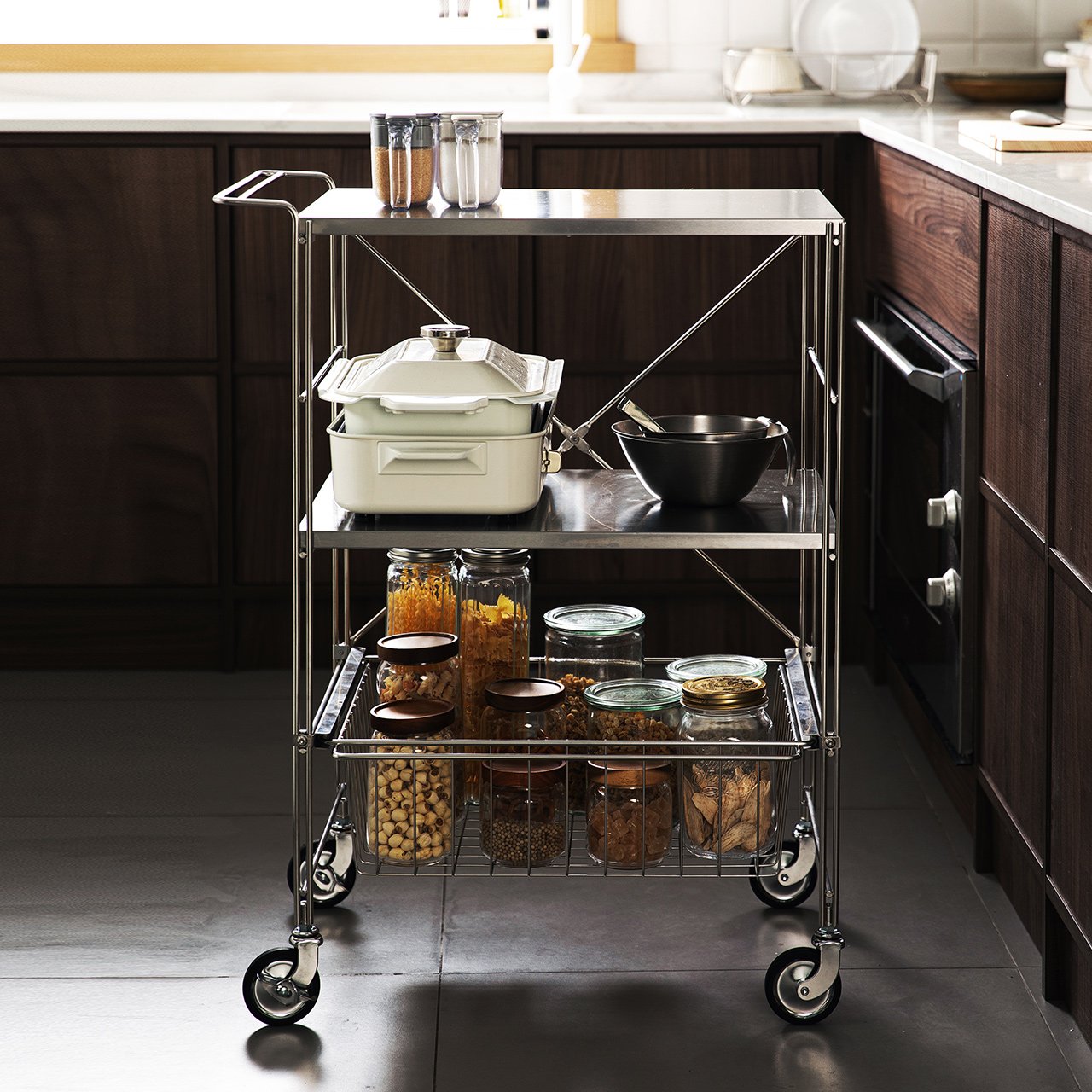 SHIMOYAMA Stainless Steel 201 3- Layer Kitchen Trolley Rolling Storage Cart Serving Trolley With Handle Bathroom Shelf