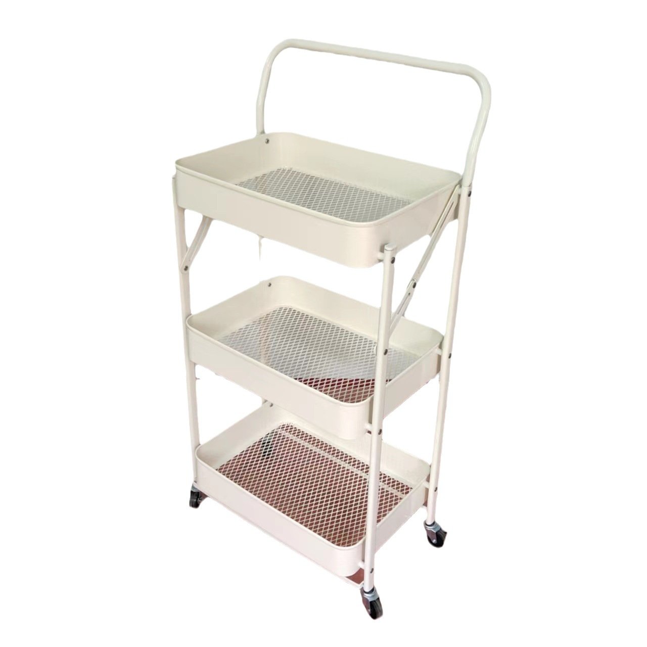 3 Tier Foldable Metal Rolling Cart,Metal Trays Utility Cart With Handle And Wheels,Collapsible Kitchen Cart For Bathroom