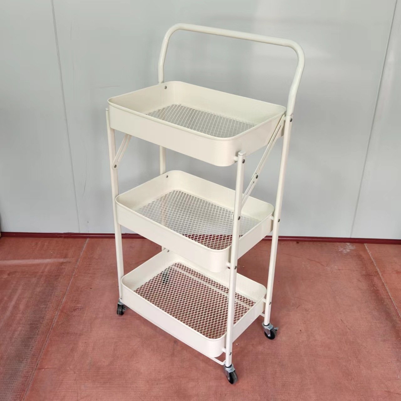 3 Tier Foldable Metal Rolling Cart,Metal Trays Utility Cart With Handle And Wheels,Collapsible Kitchen Cart For Bathroom