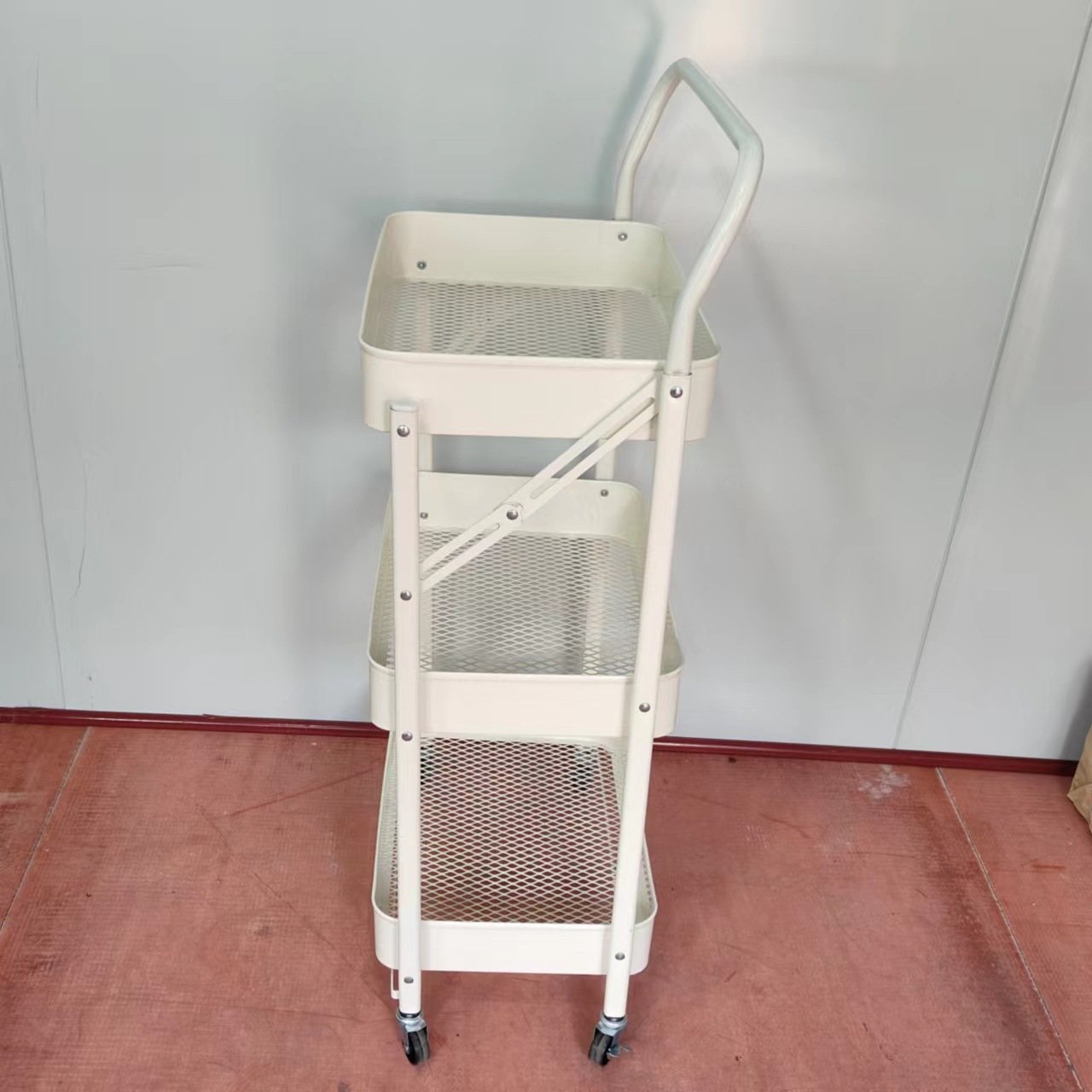 3 Tier Foldable Metal Rolling Cart,Metal Trays Utility Cart With Handle And Wheels,Collapsible Kitchen Cart For Bathroom