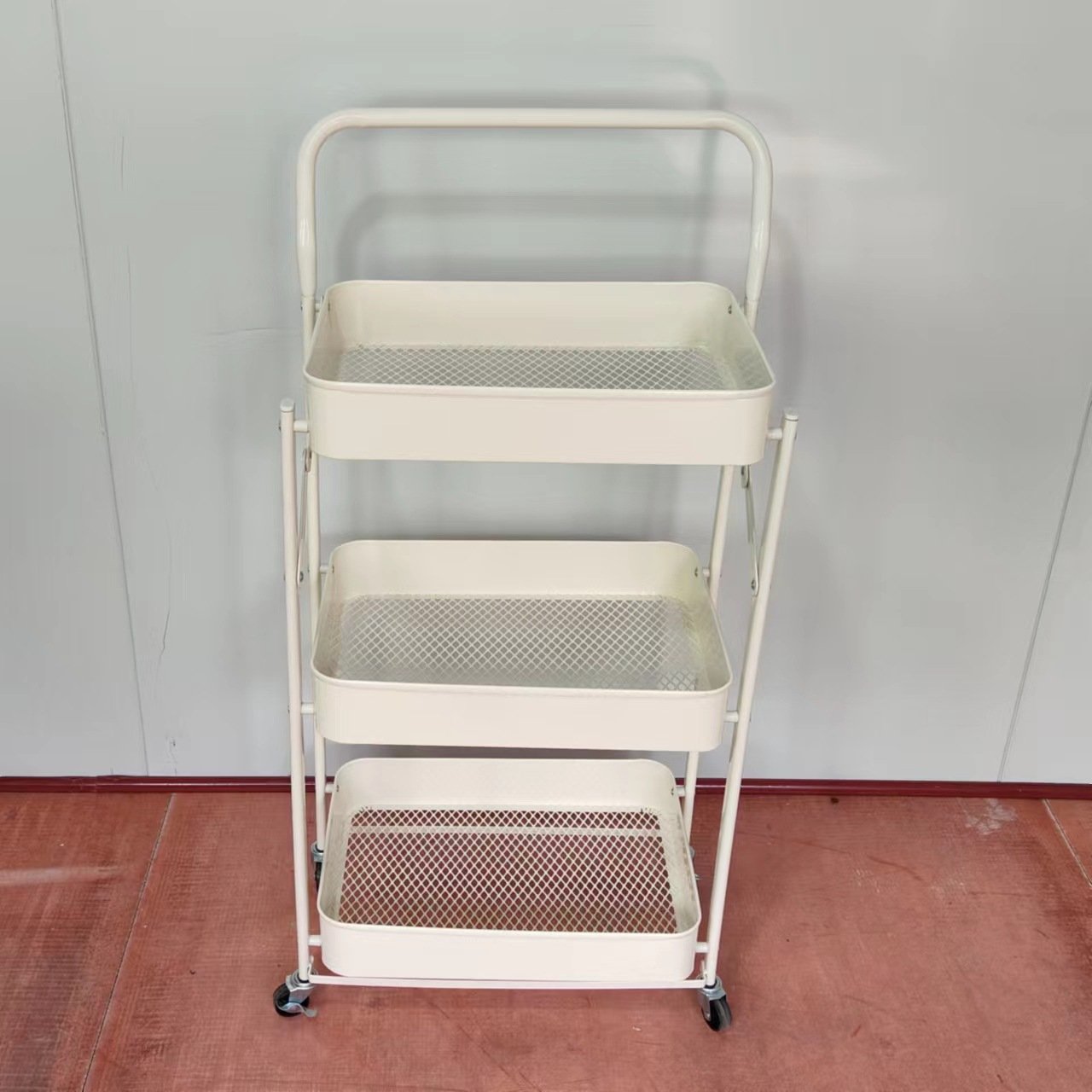 3 Tier Foldable Metal Rolling Cart,Metal Trays Utility Cart With Handle And Wheels,Collapsible Kitchen Cart For Bathroom
