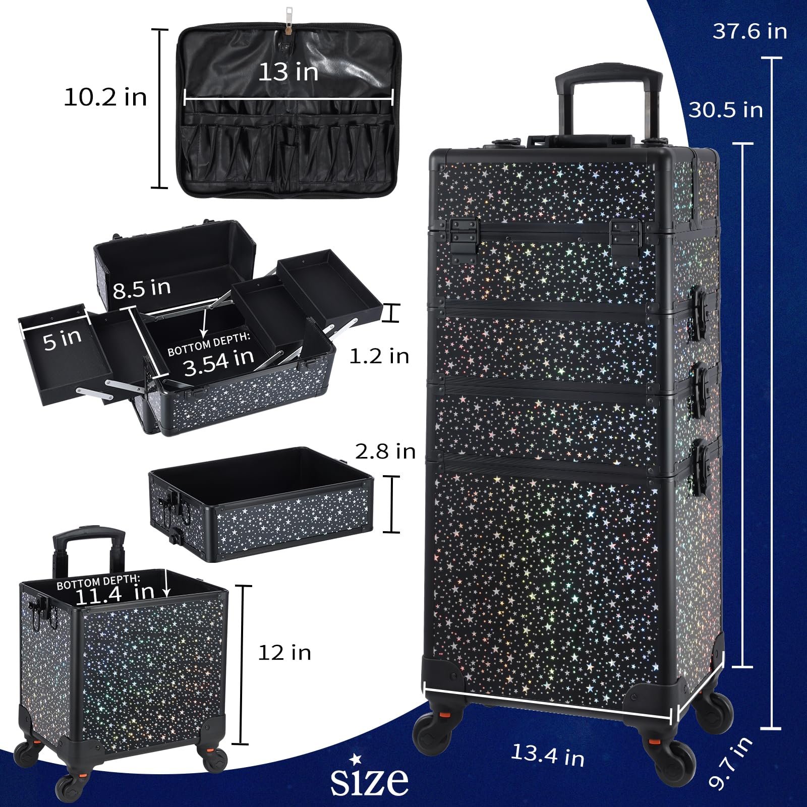 4 in 1 Salon Barber Traveling Cosmetology School Nail Tech Hairstylist MUA Professional Rolling Makeup Case