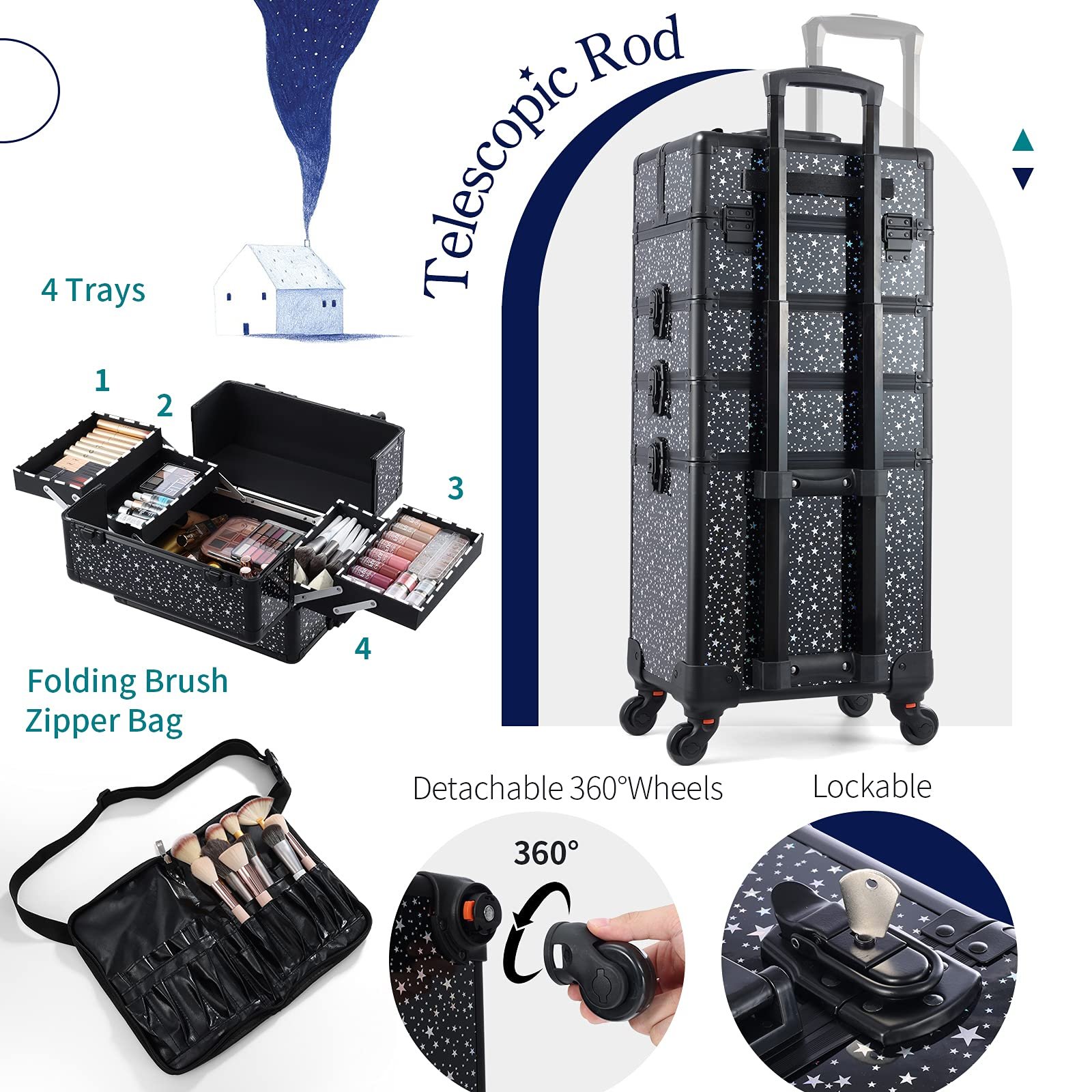 4 in 1 Salon Barber Traveling Cosmetology School Nail Tech Hairstylist MUA Professional Rolling Makeup Case
