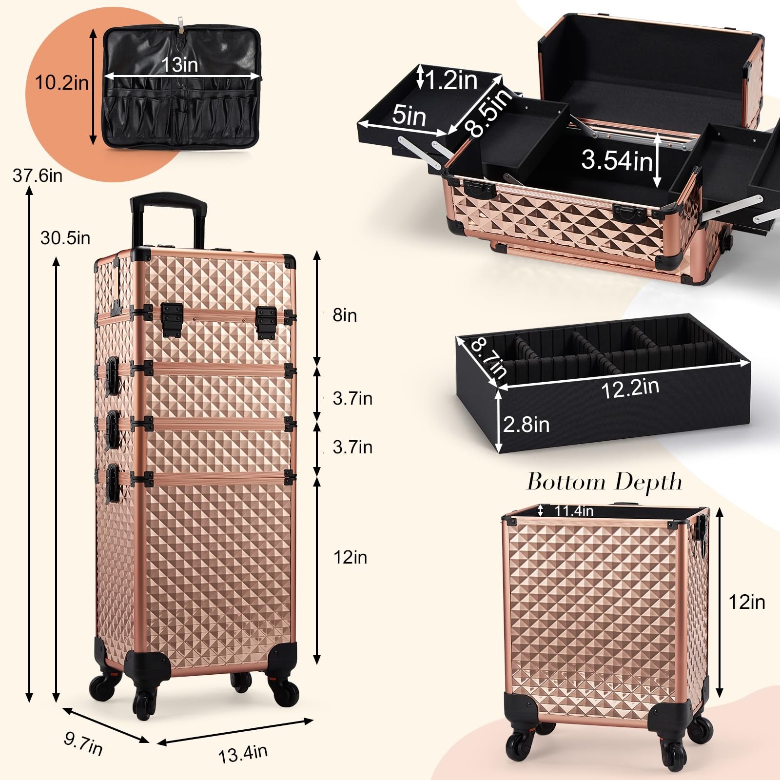 4 in 1 Salon Barber Traveling Cosmetology School Nail Tech Hairstylist MUA Professional Rolling Makeup Case