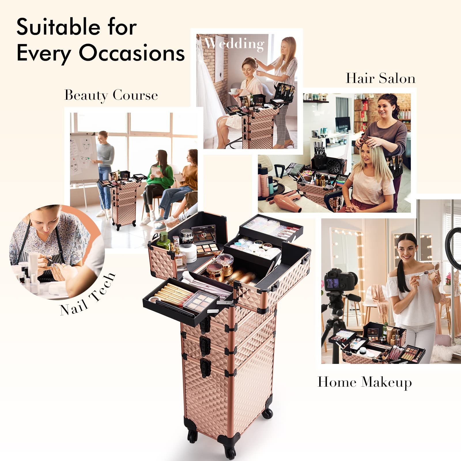 4 in 1 Salon Barber Traveling Cosmetology School Nail Tech Hairstylist MUA Professional Rolling Makeup Case