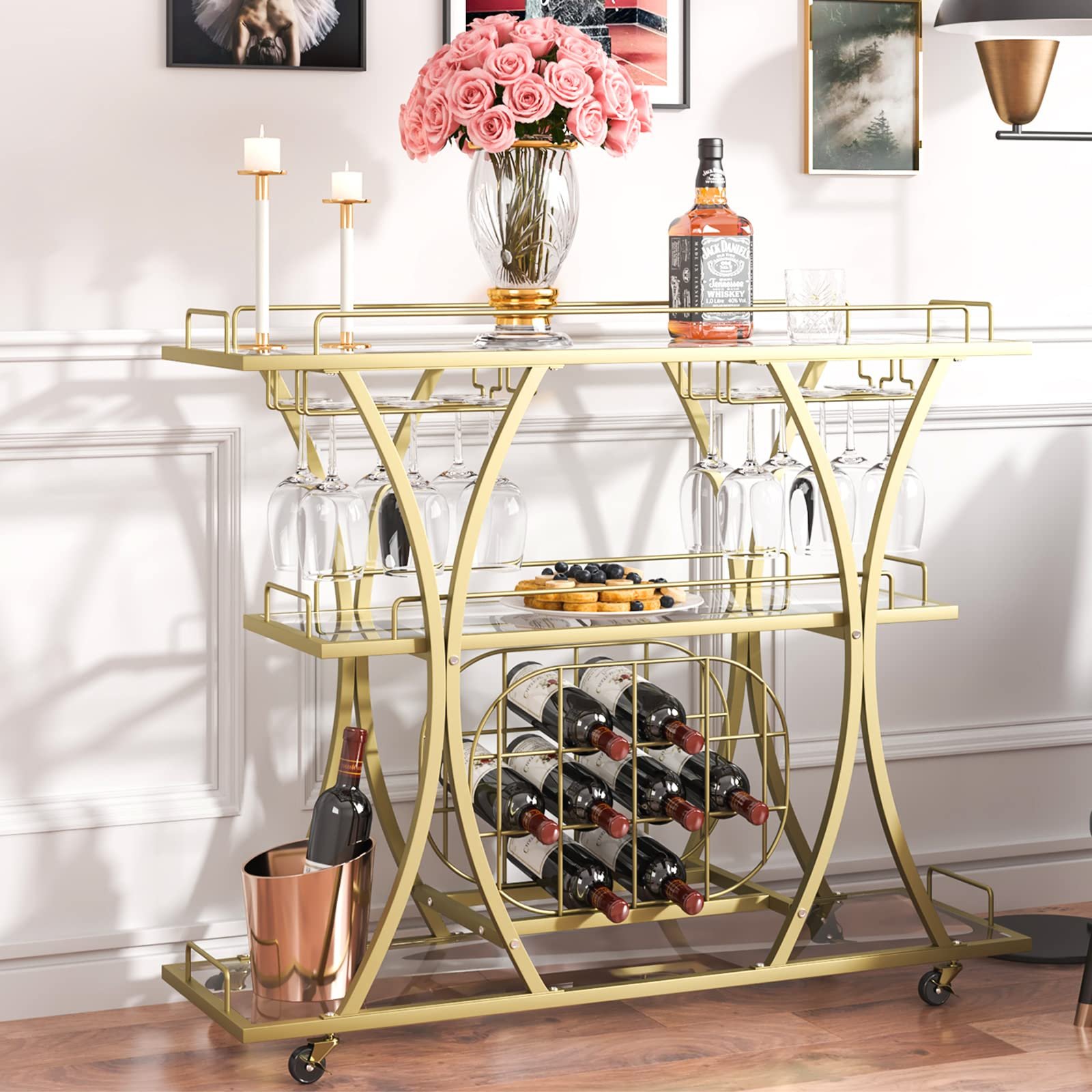 Factory Customized Glass Trolley Mobilet Vintage Folding Tea Cart Party Serving Trolley Snack Candy Wine Bar Cart For kitchen