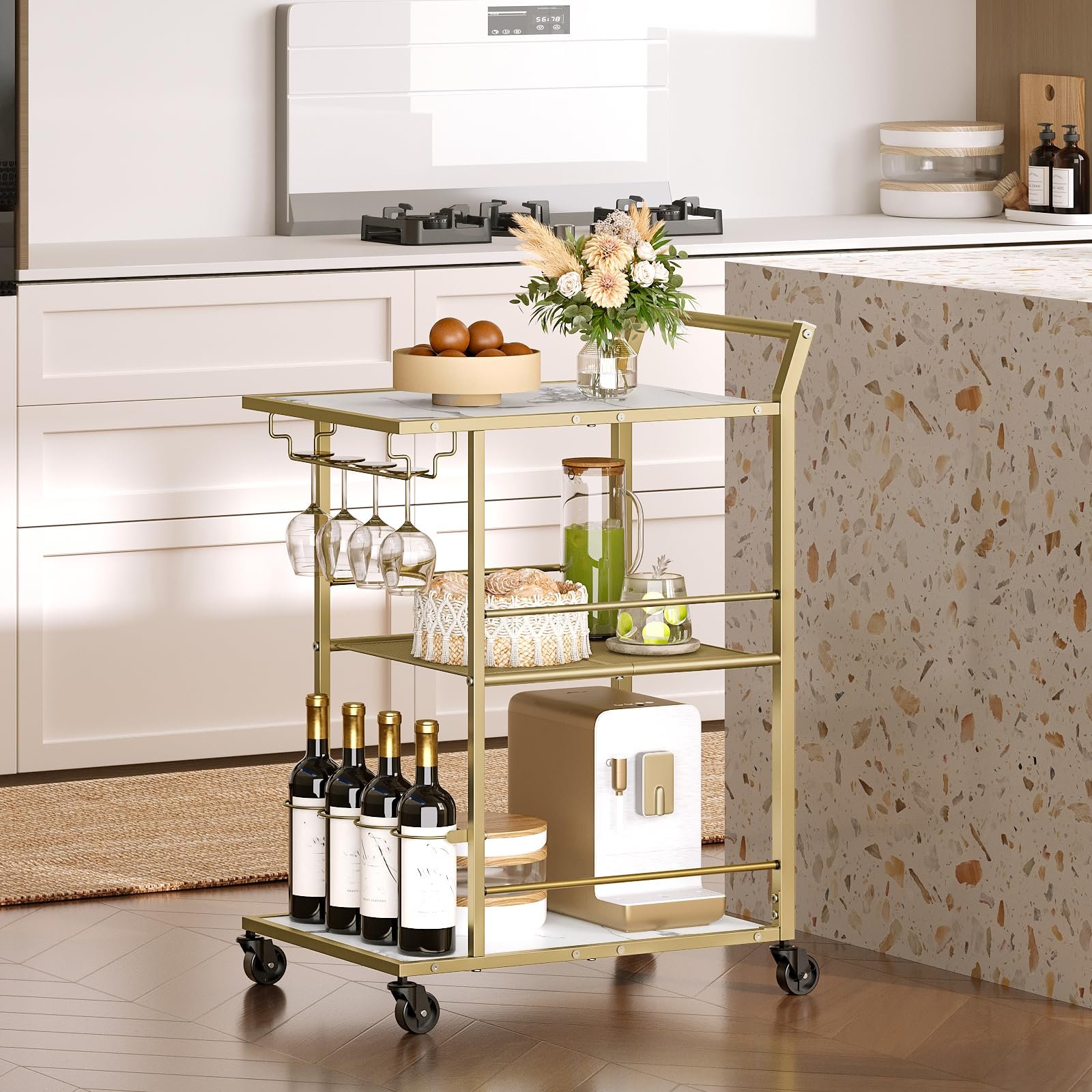 Factory Customized Marble Kitchen Serving Carts for Home Storage Trolley with Wine Rack Holder Bar Cart For Hotel Restaurant