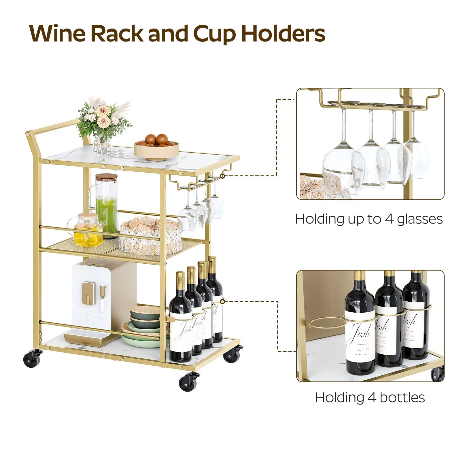 Factory Customized Marble Kitchen Serving Carts for Home Storage Trolley with Wine Rack Holder Bar Cart For Hotel Restaurant