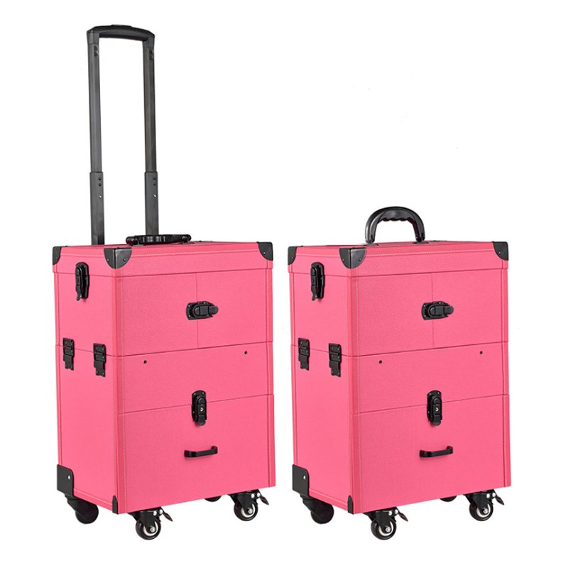 Wholesale Detachable Trolley Cosmetic Case Three-layer foldable trolley roller makeup case