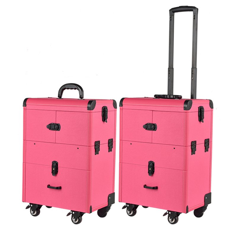 Wholesale Detachable Trolley Cosmetic Case Three-layer foldable trolley roller makeup case