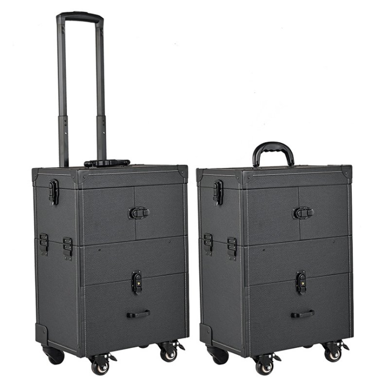 Wholesale Detachable Trolley Cosmetic Case Three-layer foldable trolley roller makeup case