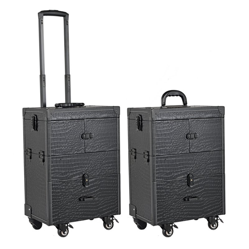 Wholesale Detachable Trolley Cosmetic Case Three-layer foldable trolley roller makeup case