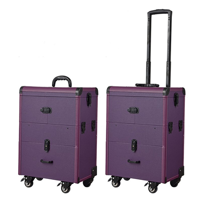 Wholesale Detachable Trolley Cosmetic Case Three-layer foldable trolley roller makeup case